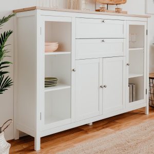 Vitrinekast BERGAMOTE 4 deuren 2 lades wit/artisan eik