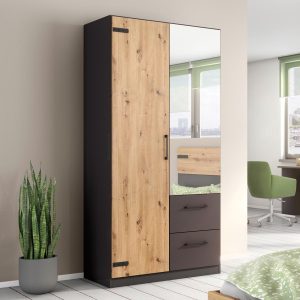 Kledingkast BUTTO 2 deuren 2 lades artisan eik/metaalgrijs met spiegel