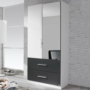Kast ALVARO 2 deuren 2 lades wit/metaalgrijs met spiegel
