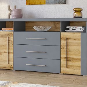 Dressoir ROBB 2 deuren 3 lades grijs/wotan eik