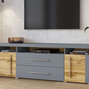TV-meubel ROBB 2 deuren 2 lades grijs/wotan eik met legplank
