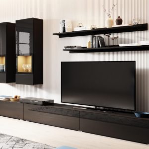 Tv-meubel set BABEL 5 deuren hoogglans zwart/zwart met verlichting zonder salontafel