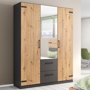 Kledingkast BUTTO 3 deuren 2 lades artisan eik/metaalgrijs met spiegel