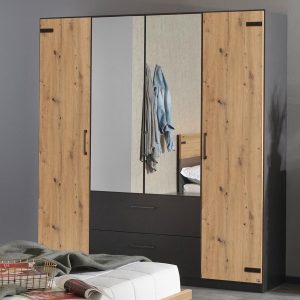 Kledingkast BUTTO 4 deuren 2 lades 181 cm artisan eik/metaalgrijs met spiegel
