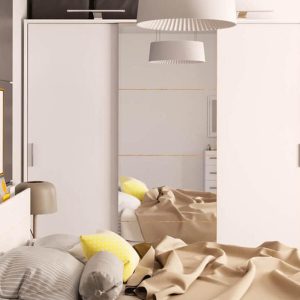 Kast DENIZE 3 schuifdeuren wit/ eik stirling met spiegel