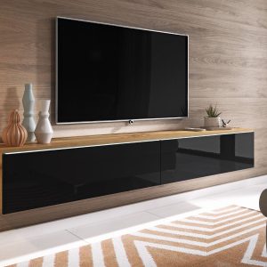 TV-meubel DUBAI 2 klapdeuren 180 cm eik wotan/hoogglans zwart met verlichting