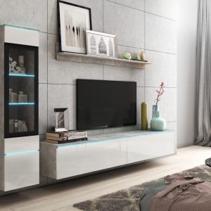Tv-meubel set VITTORIO 4 deuren beton/hoogglans wit met verlichting