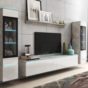 Tv-meubel set VITTORIO 6 deuren beton/hoogglans wit met verlichting