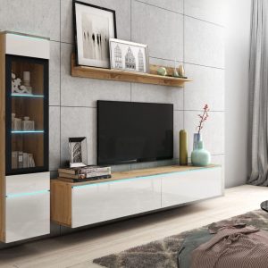 Tv-meubel set VITTORIO 4 deuren eik wotan/hoogglans wit met verlichting