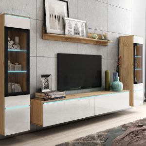 Tv-meubel set VITTORIO 6 deuren eik wotan/hoogglans wit met verlichting