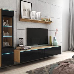 Tv-meubel set VITTORIO 4 deuren wotan eik/hoogglans zwart met verlichting