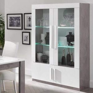 Vitrine GRENADE 4 deuren hoogglans marmer/hoogglans wit met verlichting