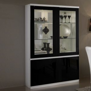 Vitrinekast ROMEO 4 deuren hoogglans wit/hoogglans zwart met verlichting