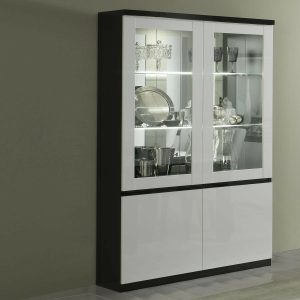 Vitrinekast ROMEO 4 deuren hoogglans zwart/hoogglans wit met verlichting